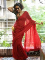 Primium Quality Red Colour Handloom Check Cotton Saree With Blouse Piece