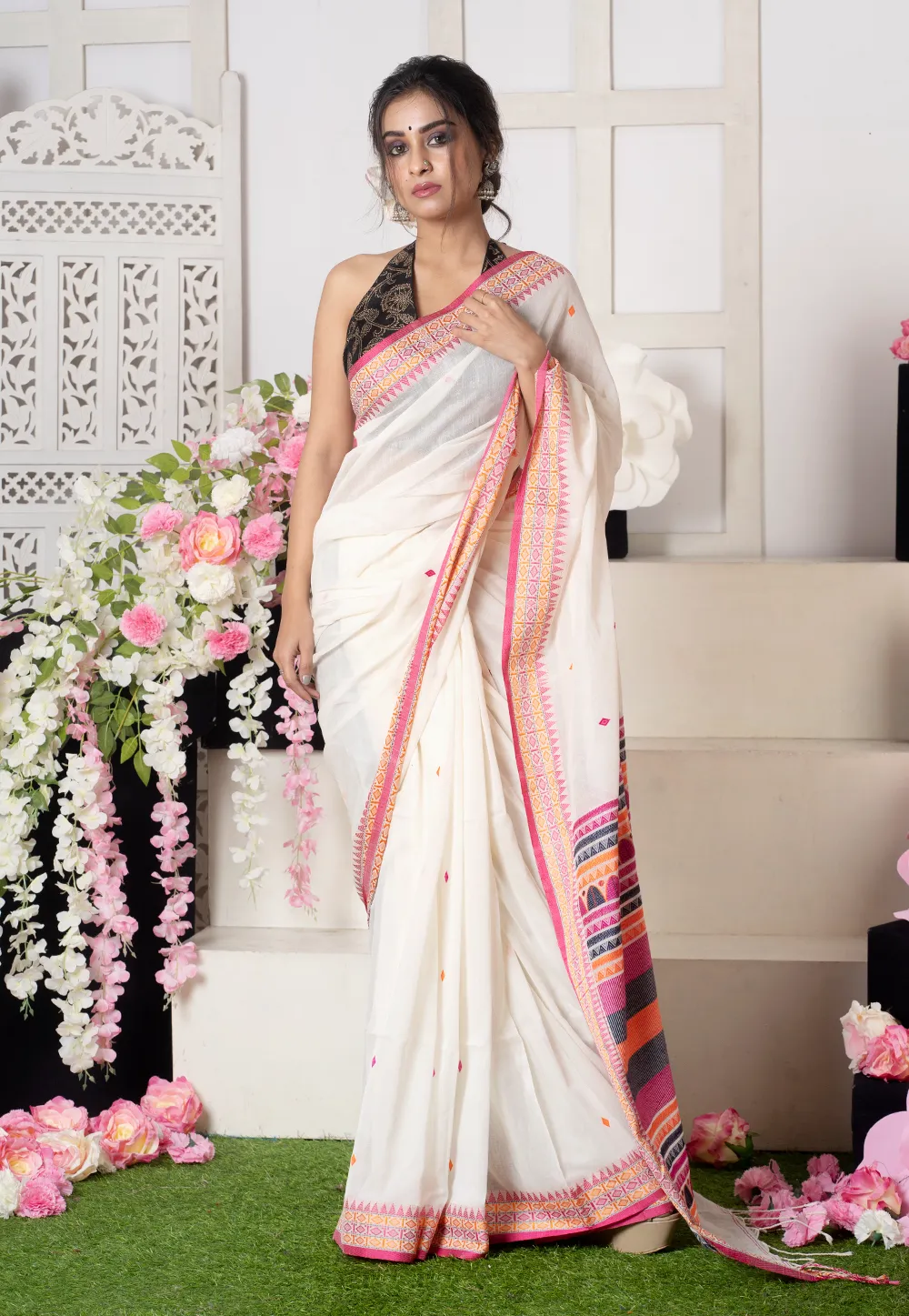offwhite handloom cotton saree with garhwali motifs 602242dbae704 1612858075
