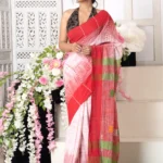 Premium Quality White and Red Colour Handloom Pure Cotton Sarees With Unstitched Blouse Piece