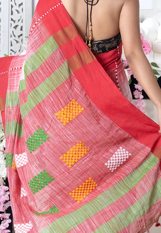 offwhite handloom saree with red border multicolor motifs 6024e2b7471e0 1613030071