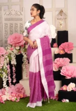 Premium Quality White & Violet Colour Handloom Cotton Sarees With Unstitched Blouse Piece