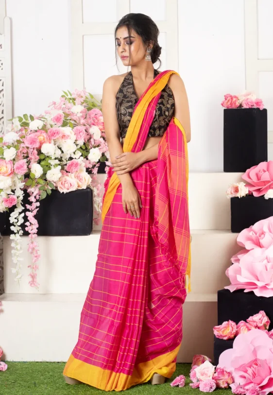 pink and yellow cubic checkered handloom saree 6023adf417af6 1612951028