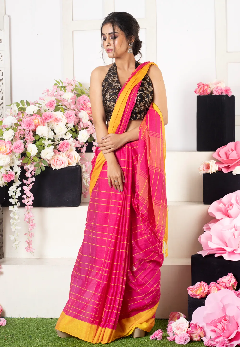 pink and yellow cubic checkered handloom saree 6023adf417af6 1612951028