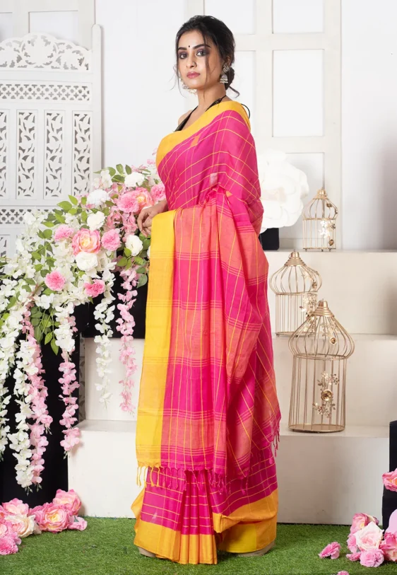 pink and yellow cubic checkered handloom saree 6023adf495c7a 1612951028