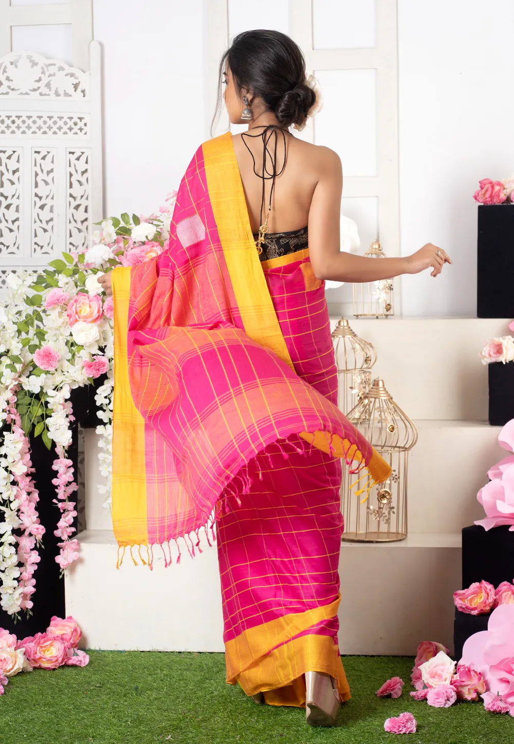 pink and yellow cubic checkered handloom saree 6023adf511b10 1612951029
