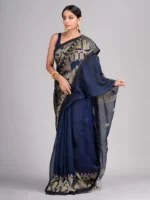 Misha Boutique Blue Linen Jamdani Saree With Designer Work and Unstitched Blouse Piece