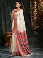 Premium Quality White Colour Handloom Pure Cotton Sarees With Handmade Design & Unstitched Blouse Piece