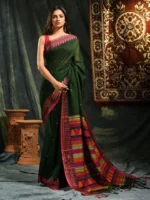 Premium Quality Green Colour Handloom Pure Cotton Sarees With Handmade Design & Unstitched Blouse Piece