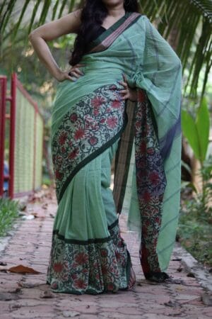 Premium Quality Light Green Color Handloom Begumpuri Cotton Sarees With Ass & Red Color Border Unstitched Blouse Piece