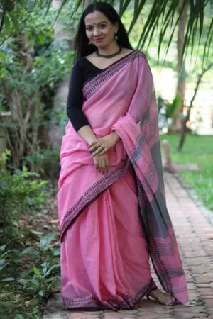 Premium Quality Traditional Pink Color Hand Waving Pure Cotton Sarees With Unstitched Blouse Piece