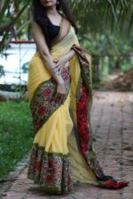 Premium Quality Yellow Color Handloom Begumpuri Cotton Sarees With Ass & Red Color Border Unstitched Blouse Piece