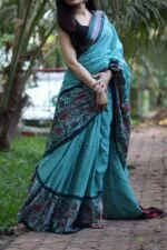 Premium Quality Sky Blue Color Handloom Begumpuri Cotton Sarees With Ass & Red Color Border Unstitched Blouse Piece