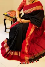 Premium Quality Black Color Handloom Khadi Cotton Sarees With Temple Border & Unstitched Blouse Piece