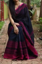 Premium Quality Traditional Black and Pink Color Begumpuri Handloom Cotton Sarees With Unstitched Blouse Piece