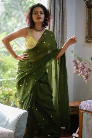 Green Secuence Cotton Saree With Running Blouse Piece