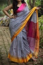 Premium Quality Silver Color Handloom Cotton Sarees With Temple Border & Unstitched Blouse Piece