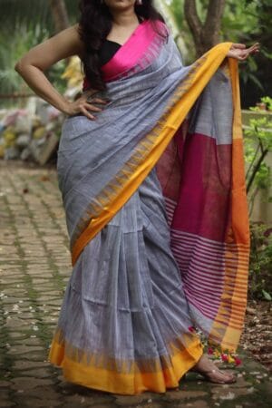 Premium Quality Silver Color Handloom Cotton Sarees With Temple Border & Unstitched Blouse Piece