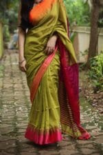 Premium Quality Green Color Handloom Cotton Sarees With Temple Border & Unstitched Blouse Piece