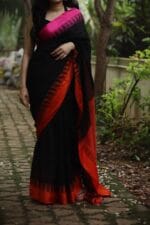 Premium Quality Black Color Handloom Cotton Sarees With Temple Border & Unstitched Blouse Piece