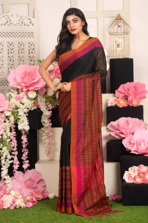 Black Begumpuri Cotton Saree With Running Blouse Piece