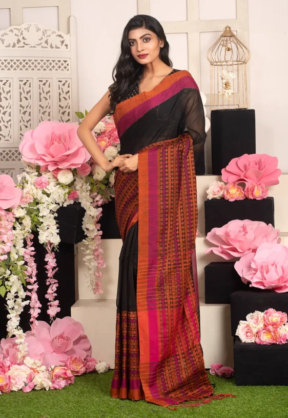 black handloom cotton saree with woven multicolor border 601ac6459bd71 1612367429