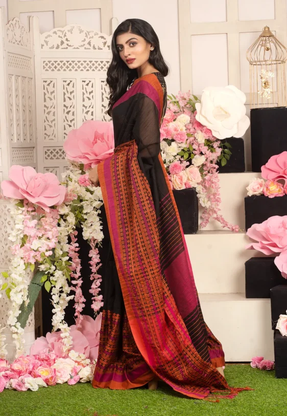 black handloom cotton saree with woven multicolor border 601ac64663944 1612367430