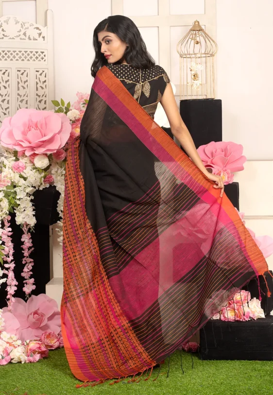 black handloom cotton saree with woven multicolor border 601ac6471e6f1 1612367431