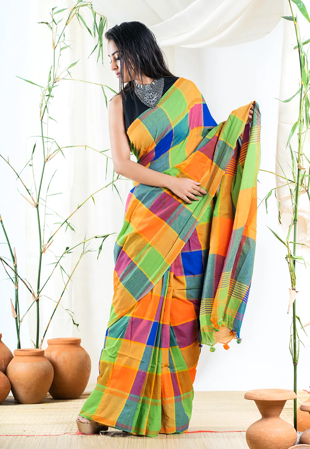 blue multicolor cotton checkerd saree 60e44426c765d 1625572390