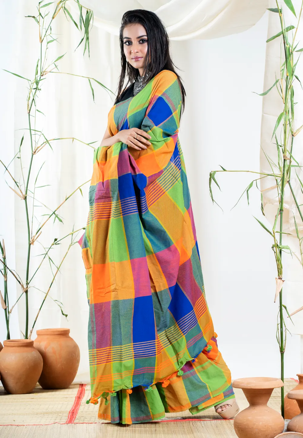 blue multicolor cotton checkerd saree 60e4442720fc7 1625572391