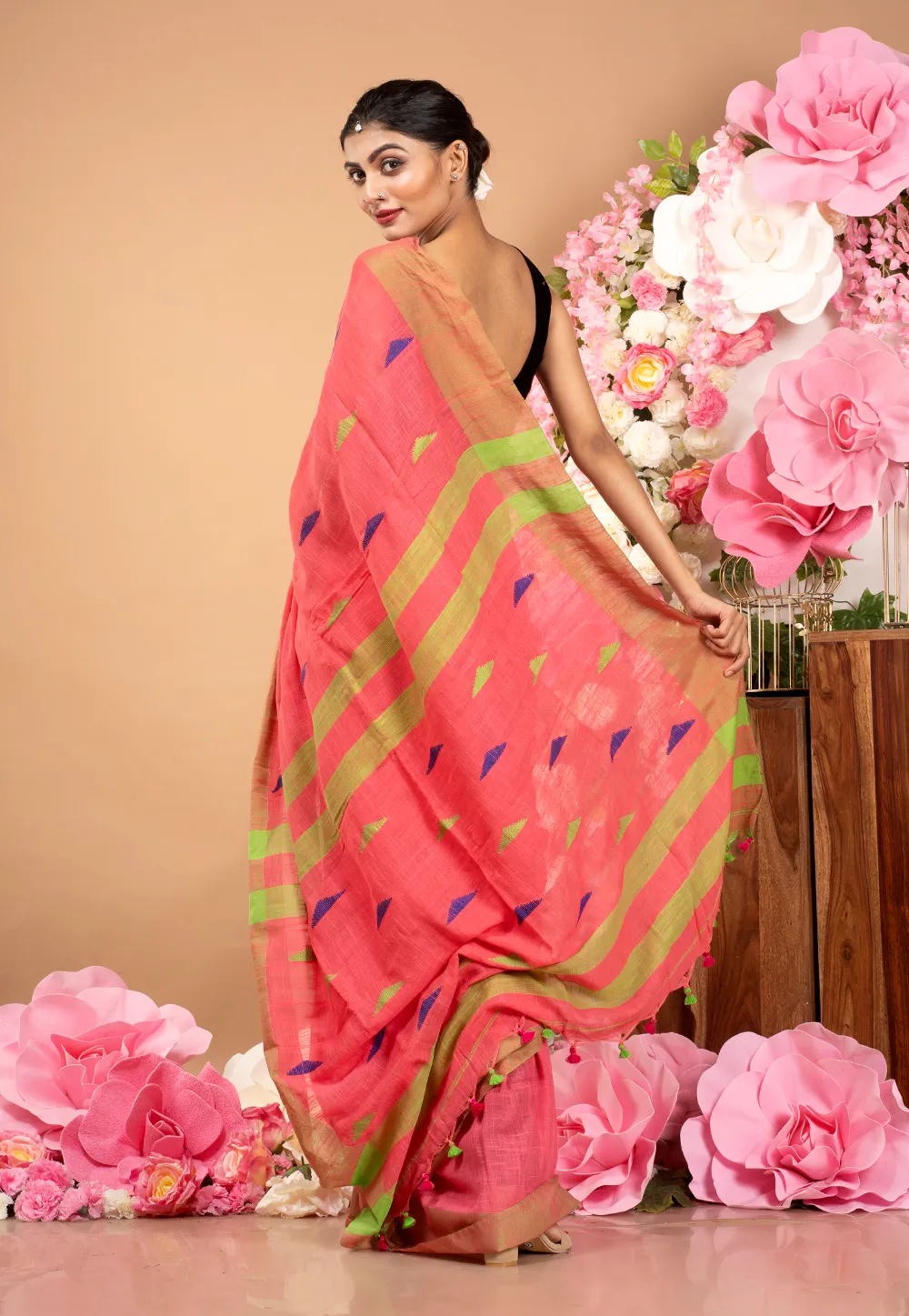 candy pink handloom saree with multicolor pyramid motifs 60236881a8657 1612933249 1