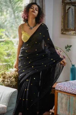 Black Color Sequence Cotton Saree With Running Blouse Piece