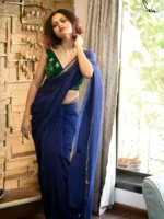 Blue Plain Cotton Saree With Running Blouse Piece