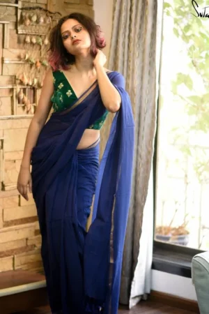 Blue Plain Cotton Saree With Running Blouse Piece