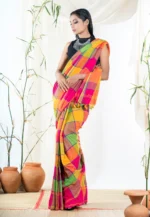 Bollywood Style Multicolor Checked Cotton Saree With Running Blouse Piece