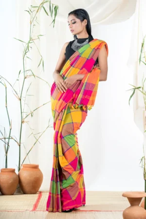 Bollywood Style Multicolor Checked Cotton Saree With Running Blouse Piece