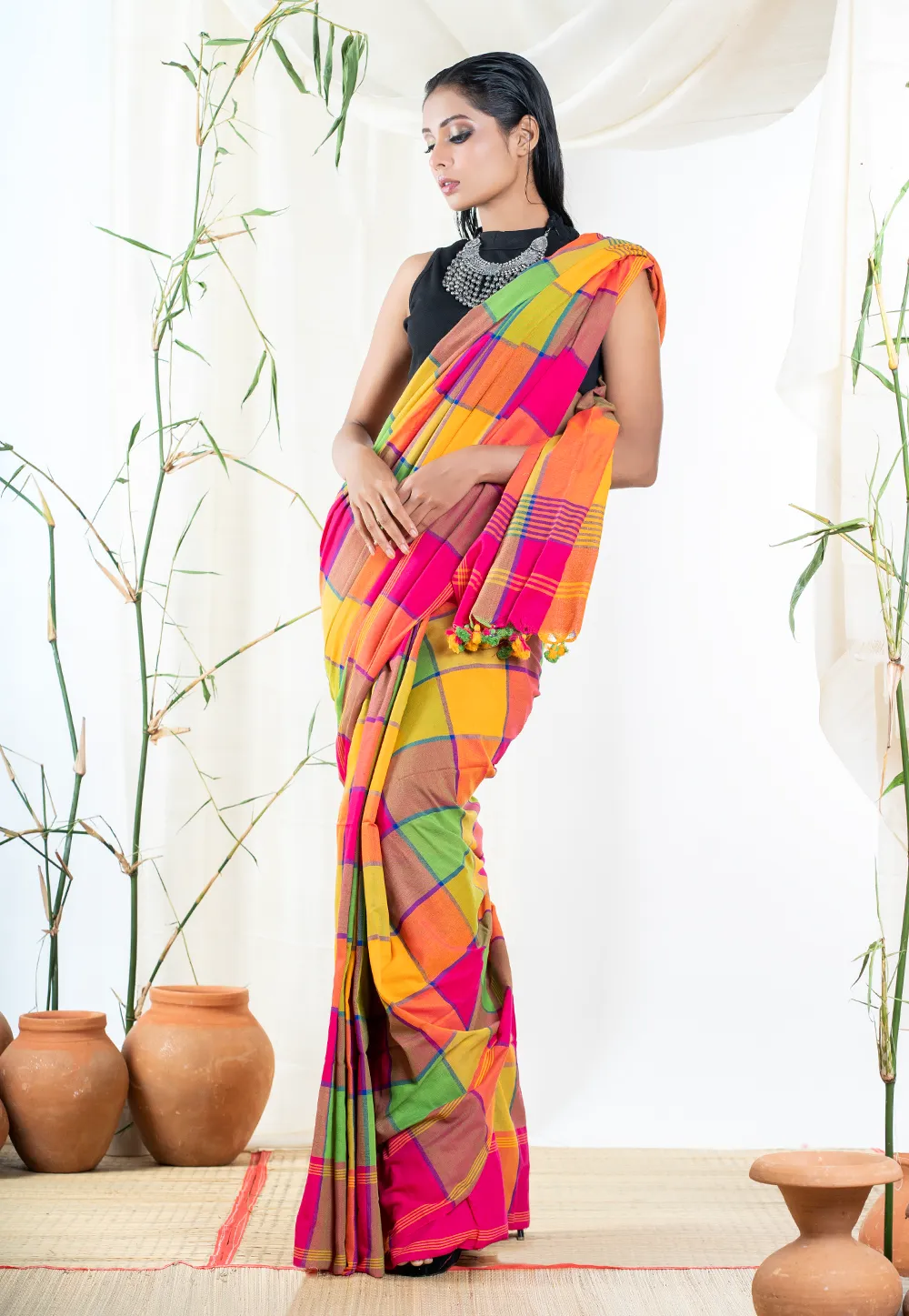 green multicolor cotton checkerd saree 60e59fcbdeabe 1625661387