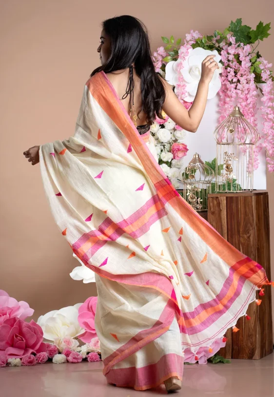 ivory handloom saree with multicolor pyramid motifs 6023d57888086 1612961144 1