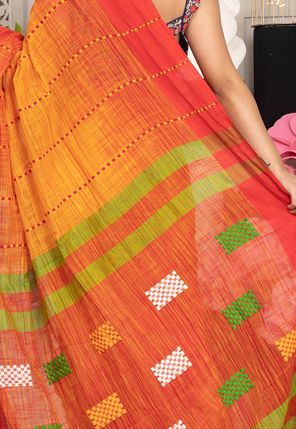 red handloom saree with contrasting border multicolor motifs 6021264add9e6 1612785226 1