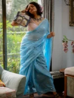 Sky Blue Sequence Cotton Saree With Running Blouse Piece