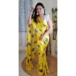 Yellow Silk Chiffon Saree With Beautiful Print