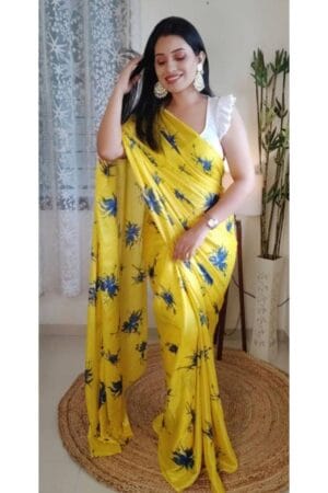 Yellow Silk Chiffon Saree With Beautiful Print