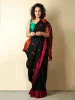 Premium Quality Black Cotton Saree With Temple Motif