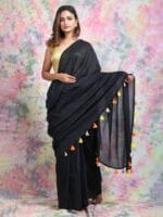 Premium Quality Black Heavy Pom Pom Style Handloom Cotton Saree With Running Blouse Piece