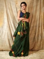 Premium Quality Green Cotton Saree With Running Blouse Piece