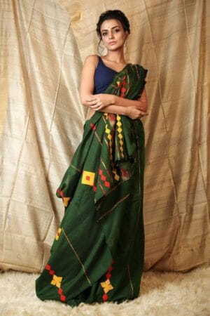Premium Quality Green Cotton Saree With Running Blouse Piece