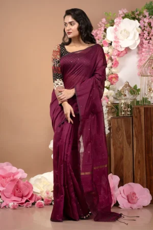 Premium Quality Single Color Sequence Cotton Silk Saree