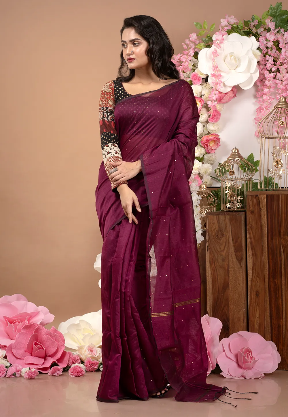 magenta blended cotton saree with sequin work 6019758c48087 1612281228