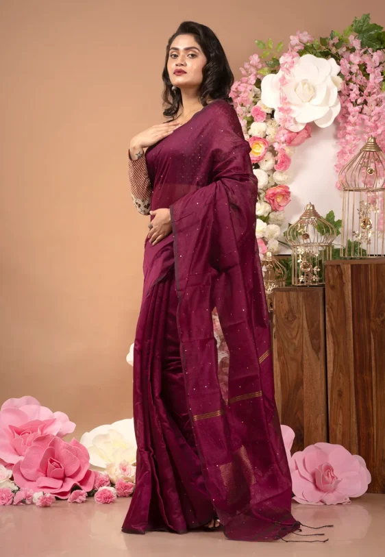 magenta blended cotton saree with sequin work 6019758cb907a 1612281228