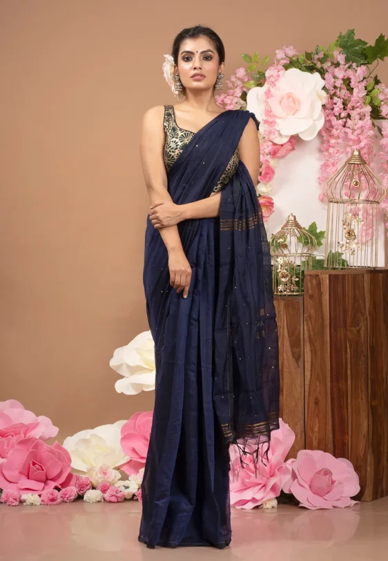 navy blue blended cotton saree with sequin work 601a8bfc493fe 1612352508