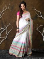 Premium Quality White Begumpuri Cotton Saree With Running Blouse Piece